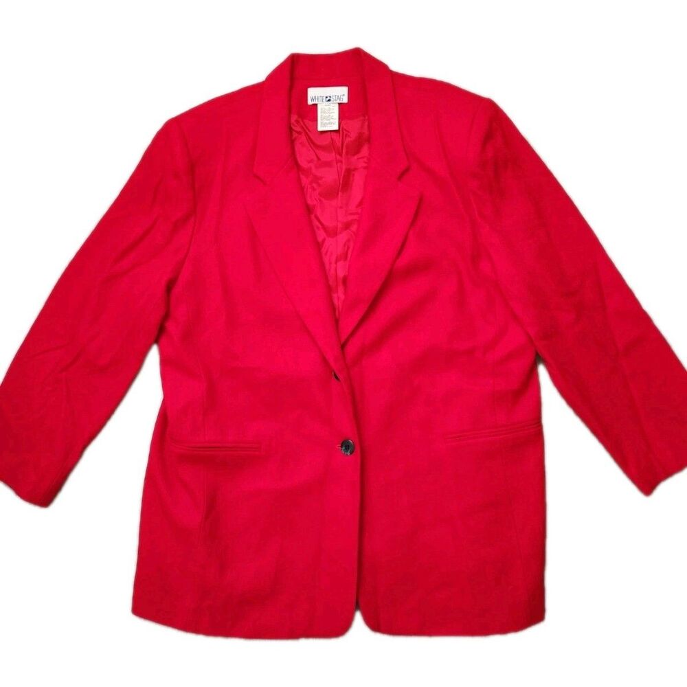 VTG White Stag 100% Wool Blazer Jacket Red Long Career Shoulder Pads Sz 18W